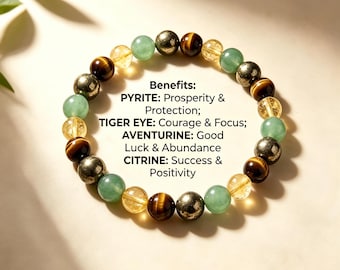 Abundance Crystal Bracelet, Pyrite Tiger Eye Aventurine Citrine Beaded Bracelet, Wealth Success Protection Gemstone Gift