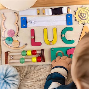Wooden Busy Board Personalized Name Puzzle  for Toddlers, Montessori Nursery Decor, Baby Shower Gift