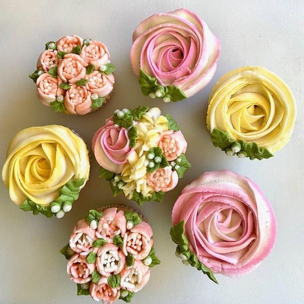 Cupcake Bouquet Gift Box 7 pc. Pink, Peach, Yellow