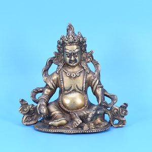 Antique Brass Kuber Statue Vintage Kubera Figurine Tibetan Buddhist Wealth God Sculpture Spiritual Meditation Decor God Kubera