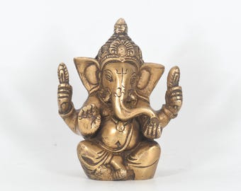 Antiek messing Ganesha-standbeeld, handgemaakt hindoe-idool, woondecoratie van 5 inch