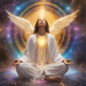 Könnte beinhalten: Digitale Kunst eines Menschen in weißen Gewändern, der in meditativer Pose sitzt, die Augen geschlossen. Große weiße Flügel erstrecken sich vom Rücken. Goldenes Licht strahlt von Brust und Hintergrund aus, vor kosmischem Hintergrund.