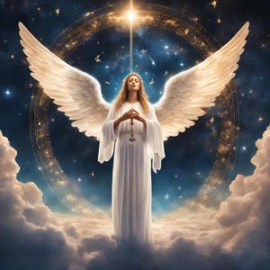May include: A woman with long blonde hair wearing a white gown and a crown stands with her hands clasped in front of her. She has large white wings and is surrounded by a halo of light and stars.