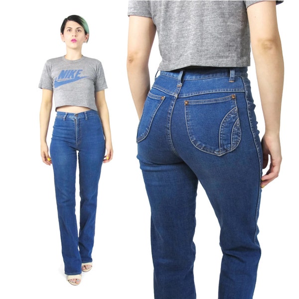 1970s High Waisted Jeans 70s Jeans Straight Leg Jeans Vintage Womens Denim Skinny Medium Wash Jeans Japanese Slim Leg Blue Jeans (XS/S)