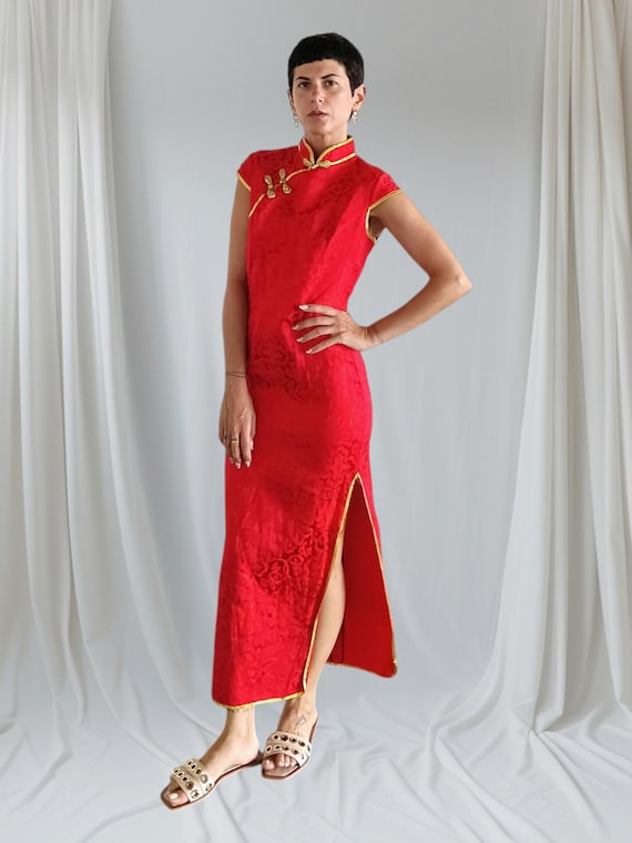 Vintage Y2K Chinese Dress Qipao Cheongsam Red Dress Wedding Formal Event Long Maxi Brocade Mandarin Collar Traditional Asian Dress Small