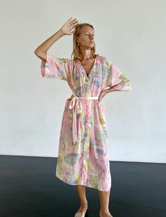Vintage 1990s Sheer Pink Robe Floral Abstract Print Kimono Miami Golden Girls Long Maxi Summer Pockets 90s Womens Robe Large XLarge