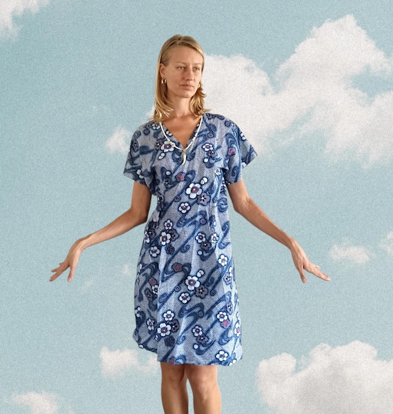 Vintage Cherry Blossom Floral Cotton Wrap Dress Spring Indigo Blue Dress Wrap Front Japanese Asian Day Dress Short Sleeve Retro Dress Large