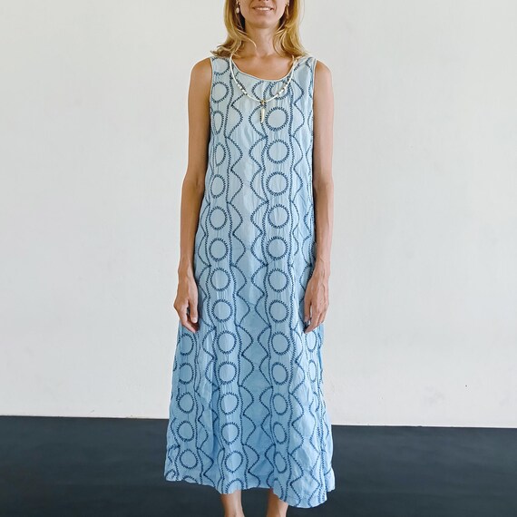 Vintage 1990s Embroidered Denim Dress Cotton Jean Dress 90s Sleeveless Denim Maxi Dress Blue Tank Dress Circles & Waves Medium