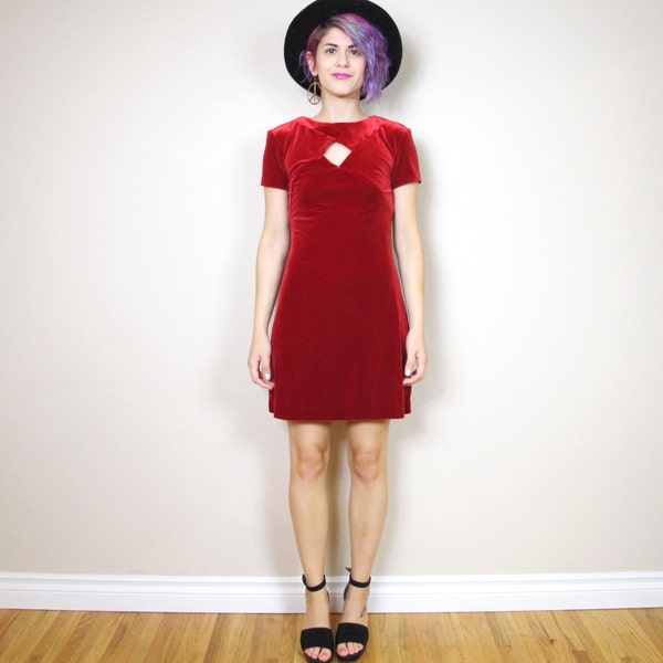 90s Red Velvet Cut out Mini Dress Goth Holiday Party (XS/S/M)