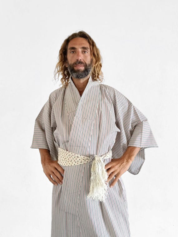 Vintage Americana Striped Kimono 70s 80s Mens Japanese Kimono Pinstripe USA France Unisex Robe Tsumugi Maxi Long Jacket Red White Blue