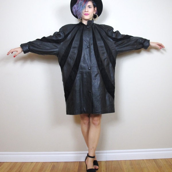 80s Black Leather Avant Garde Coat Two Tone Oversize Cocoon Goth Jacket  (L/XL)