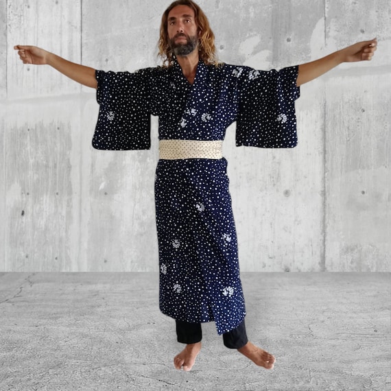 Vintage Indigo Japanese Kimono 70s 80s Navy Blue Mens Kimono Summer Cotton Kimono Japan Yakuta Robe Red Unisex Vacation Long Draped Sleeves