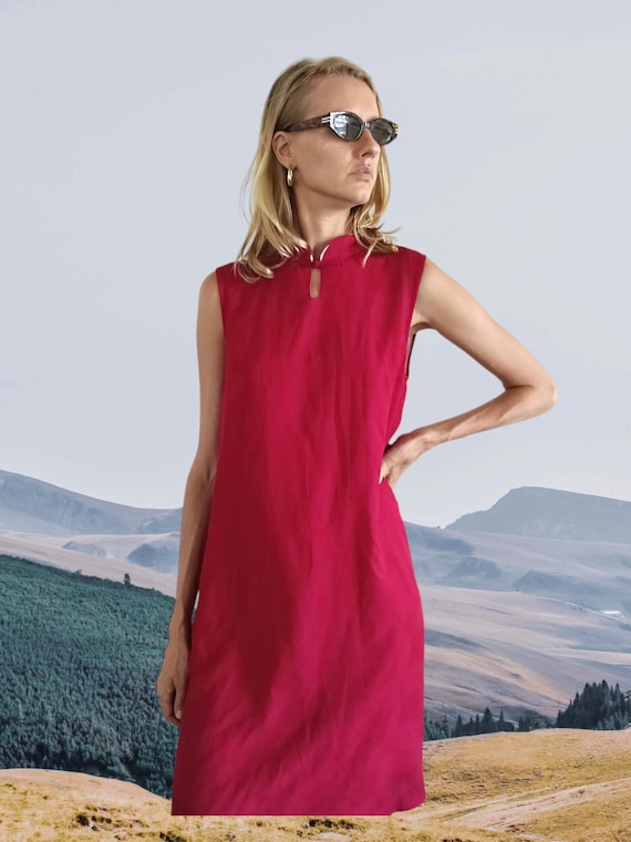 Vintage Chinese Red Dress Y2K 2000s Asian Dress Traditional  Qipao Cheongsam Mandarin Collar Dress Sleeveless Loose Flowy Linen Dress Large