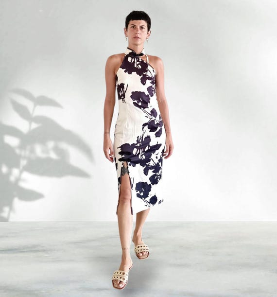 Vintage Y2K 2000s Asian Dress Chinese Cheongsam Dress Black and White Dress Mandarin Collar Fitted Wiggle Dress Abstract Floral Size XS