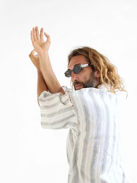 Vintage Japanese Haori Kimono Blue White Striped 70s 80s Asian Mens Short Summer Jacket Unisex Robe Woven Lightweight Boho Hipster