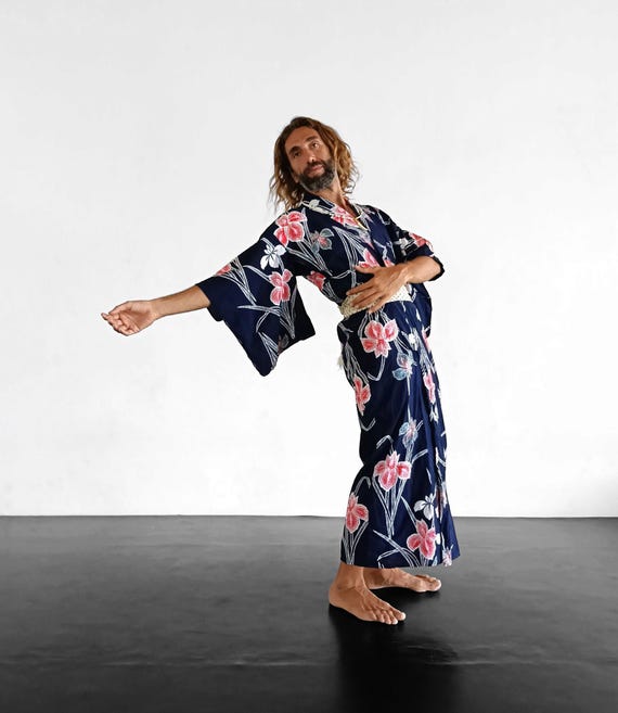 Vintage Japanese Floral Kimono 70s 80s Navy Blue Mens Kimono Summer Cotton Kimono Japan Yakuta Robe Red Unisex Hawaiian Long Draped Sleeves