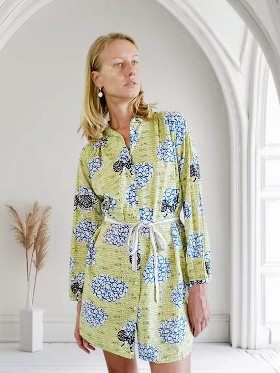 Vintage ARIES RAM Novelty Print Dress Astrology Collared Shirt Dress Button Down Cotton Blue Green Womens Long Sleeve Mini Dress Large