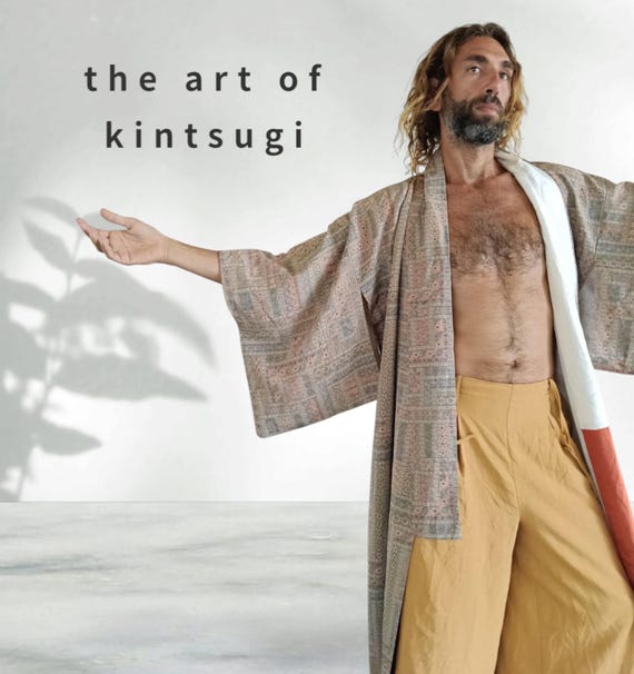 Vintage 60s 70s Floral Kimono Hippie Boho Silk Kimono Flower Print Patchwork Brown Fall Winter Long Robe Unisex Maxi Kasuri Draped Sleeves