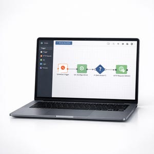May include: A silver laptop showing a workflow diagram on its screen. The diagram features icons in orange, green, and blue, with text labels including "Schedule Trigger" and "HTTP Request (WAHA)". The laptop is open and angled.