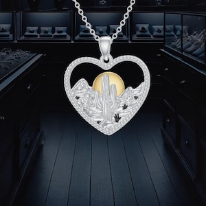 Cactus Desert View Heart Necklace For Women 925 Sterling Silver Cactus Necklace