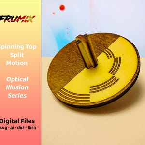 May include: A wooden spinning top with a split motion design. The top is half dark brown and half yellow with curved lines. The image includes text that reads "FRUMIX", "Spinning Top Split Motion", "Optical Illusion Series", and "Digital Files".