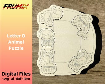 Rompecabezas de animales con la letra D en formato SVG (de delfín a ciervo) - Archivo educativo cortado con láser