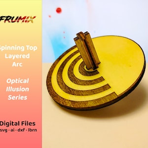 May include: A wooden spinning top with a yellow circular base and a brown, layered arc design. The top has a brown handle. The text on the left side reads "FRUMIX", "Spinning Top Layered Arc Optical Illusion Series", and "Digital Files".