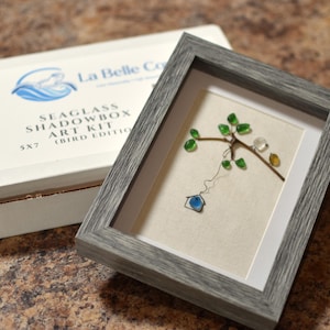 May include: A framed seaglass shadowbox art kit with a bird theme. The artwork features a branch with green seaglass leaves, a bird, and a blue birdhouse. The frame is gray, and the kit box is white with blue text.