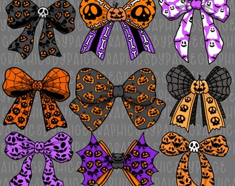 Halloween Bows PNG Set: Spooky Clipart, Pumpkin, Ghost, Bat (Digital Download)