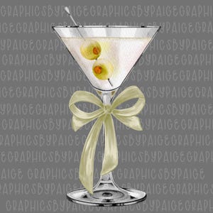 Elegant Martini Glass PNG | Olive Cocktail Clipart with Ribbon Bow | Watercolor Drink Graphic for Party Invites, Stickers, Bridal Shower