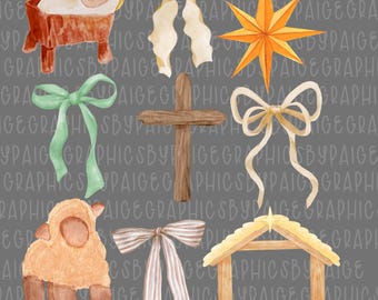 Nativity Watercolor Clipart Bundle: Baby Jesus, Cross, Manger (PNG Digital Download)