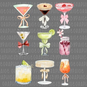 Aquarelcocktail PNG-bundel | 9 handgeschilderde drankafbeeldingen met strikken | Zomermargarita margarita martini mocktail-png-set met sublimatie
