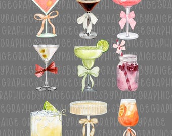 Clipart de cóctel de acuarela: Bebidas pintadas a mano con lazos (Paquete PNG)