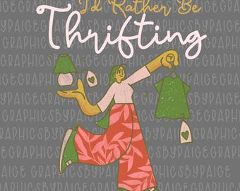 I’d Rather Be Thrifting PNG, thrift aesthetic shirt design, blue and gold vintage decor cart, retro thrifting graphic,boutique style digital