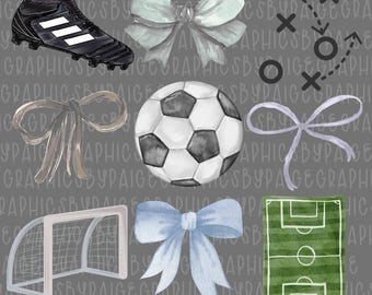 Pakiet PNG z piłką nożną i kokardami: Akwarelowy sportowy clipart (do pobrania w wersji cyfrowej)