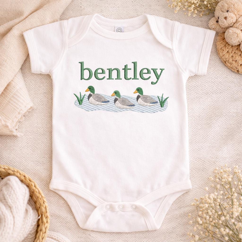Custom Embroidered Baby Onesie, Mallard Ducks, Personalized Name Outfit