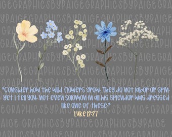 Versetto biblico sui fiori di campo in formato PNG, Luca 12:27, arte cristiana (download digitale)
