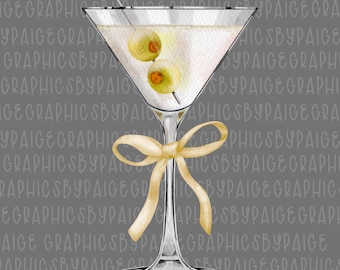 Watercolor Dirty Martini Clipart: Olive Cocktail with Bow (PNG)