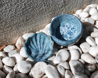 Handmade Blue Ceramic Bowl Set – Shell & Round Design