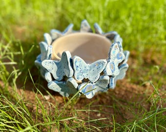 Handmade Ceramic Butterfly Vase: Blue Speckled Pottery Decor