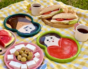 Handmade Ceramic Breakfast Set, Hand Painted Character Plates for Two
