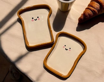 Handmade Kawaii Toast Ceramic Plates (Set of 2) – Smiling Bread Snack Dish, Jewelry Tray