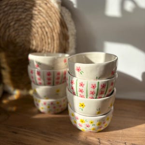 Handmade Ceramic Bowl Set – Colorful Floral Design (Set of 4) | Hand-Painted Small Bowls | Pink and Yellow Flower Pottery