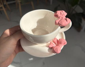 Handmade Ceramic Cup and Saucer Set: Pink/Red Bow Tea Cup