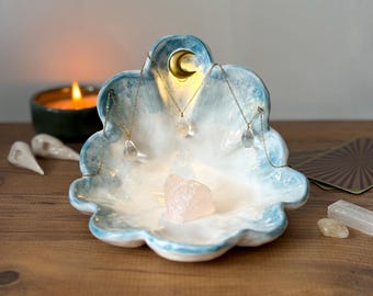 Handmade Ceramic Moon Cloud Dish, LED Light, Crystal Holder, Altar Decor