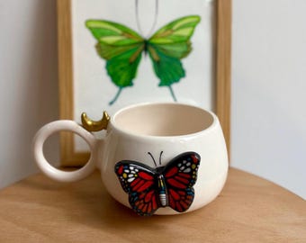 Handmade Butterfly Ceramic Mug with Moon Detail – Symbol of Transformation & Inner Strength