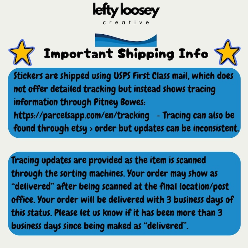 May include: Image with the text "lefty loosey creative" and "Important Shipping Info". The text explains that stickers are shipped via USPS First Class mail and provides tracking information through Pitney Bowes.