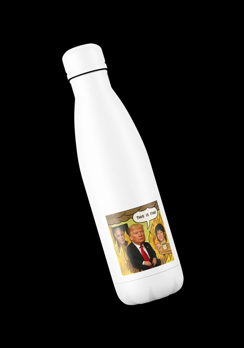 May include: White insulated water bottle with a black cap and a cartoon sticker. The sticker features a cartoon of a man in a suit with the text "THIS IS FINE" in a speech bubble. The cartoon shows the man with two other people in a burning room.