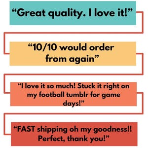 May include: Image featuring customer reviews in colorful rectangular boxes. The reviews include phrases like "Great quality. I love it!" and "10/10 would order from again." Other reviews mention fast shipping and satisfaction.