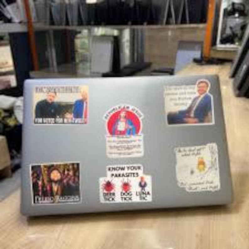May include: Silver laptop covered in stickers. Stickers include images of people, text that reads "Know Your Parasites", and other graphics. The laptop is on a light wood surface.